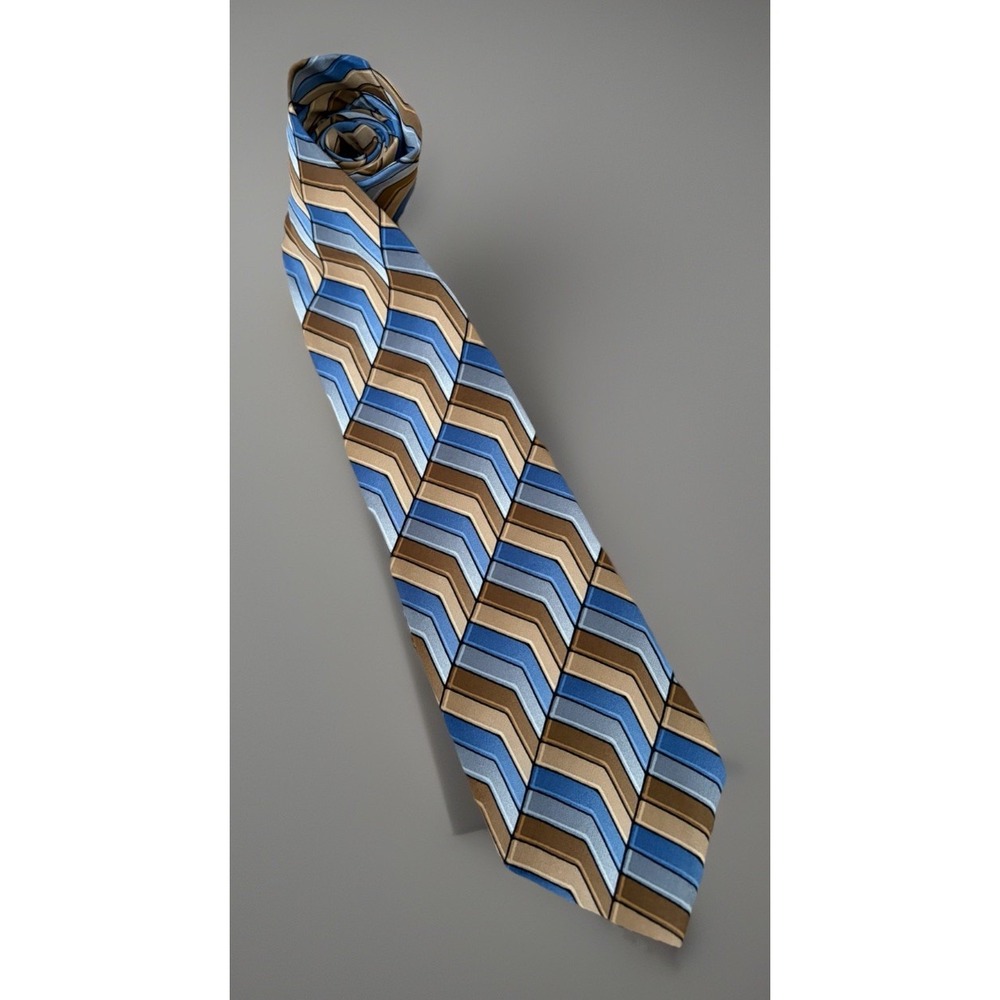Zylos George Machado Neckwear Tie Blue Gold Geometric Pattern USA 100% Silk JBHS